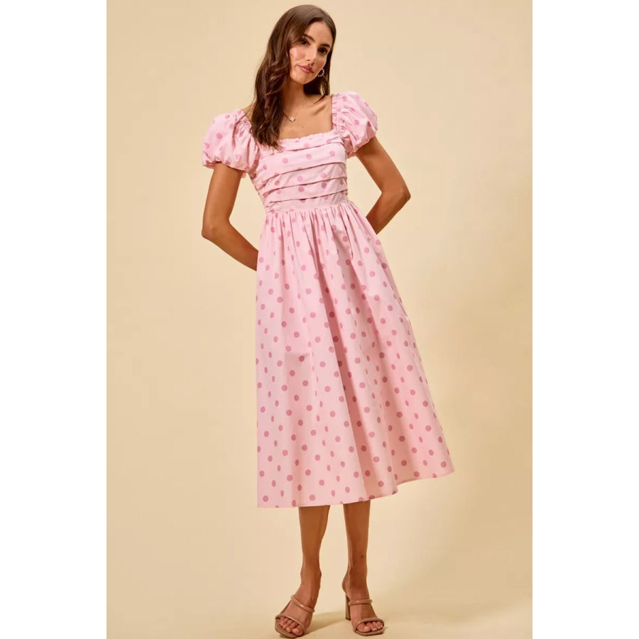 SO ME Polka Cotton Print Short Sleeves Midi Dress Apparel and Accessories