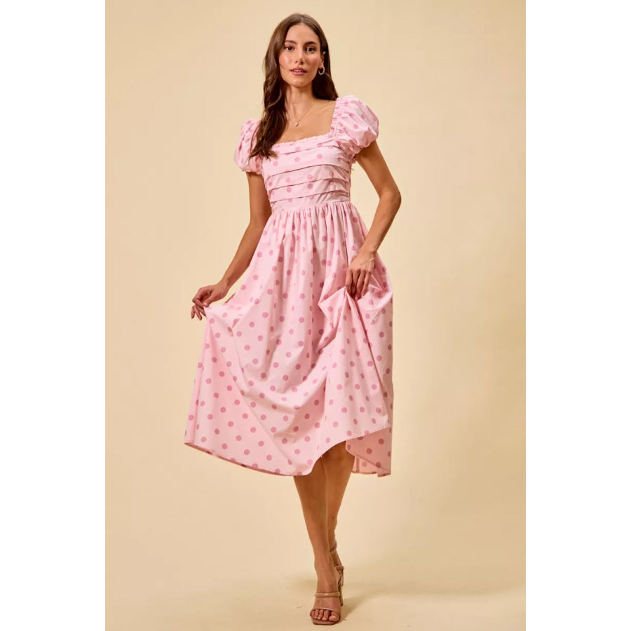 SO ME Polka Cotton Print Short Sleeves Midi Dress Apparel and Accessories