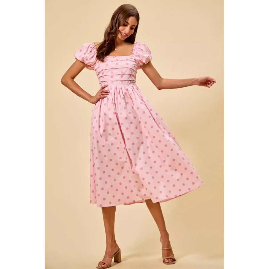 SO ME Polka Cotton Print Short Sleeves Midi Dress Apparel and Accessories