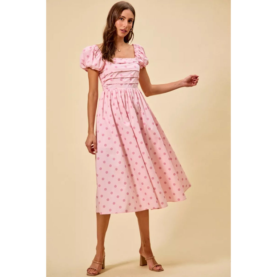 SO ME Polka Cotton Print Short Sleeves Midi Dress Apparel and Accessories