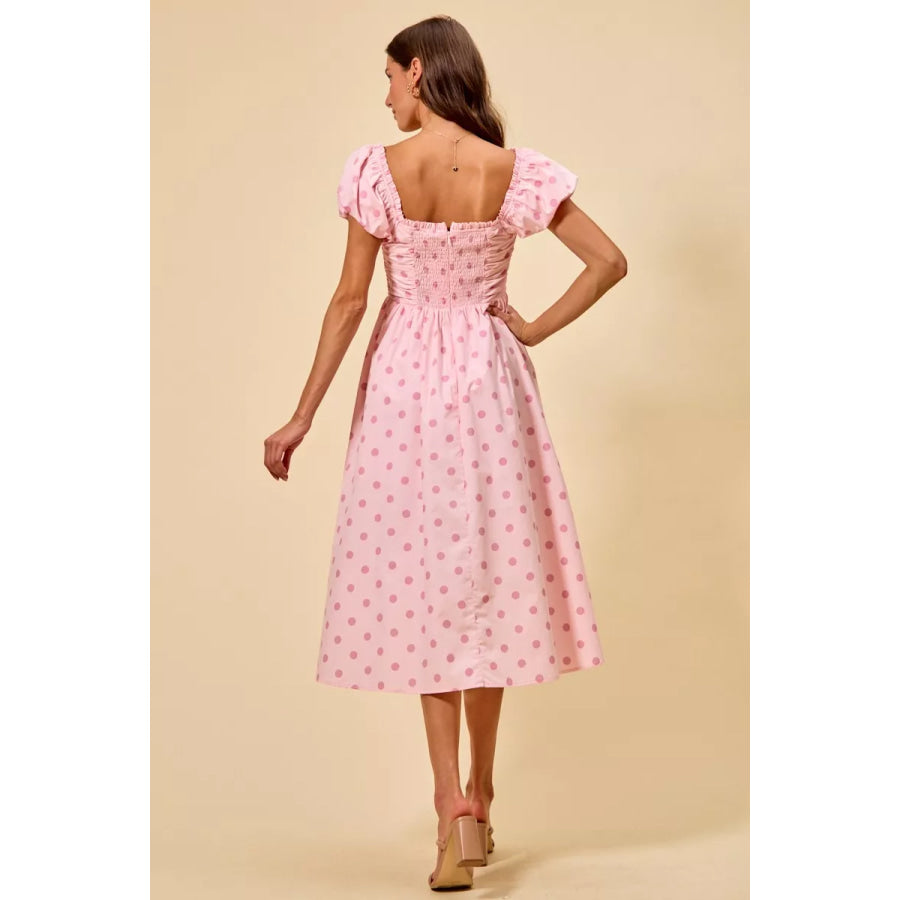 SO ME Polka Cotton Print Short Sleeves Midi Dress Apparel and Accessories