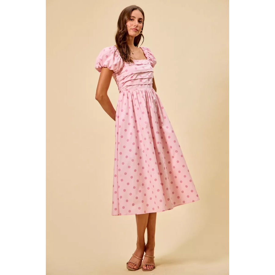 SO ME Polka Cotton Print Short Sleeves Midi Dress Apparel and Accessories