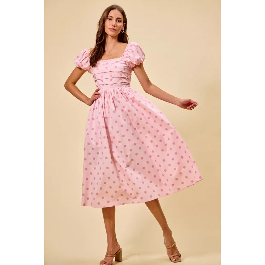 SO ME Polka Cotton Print Short Sleeves Midi Dress Apparel and Accessories
