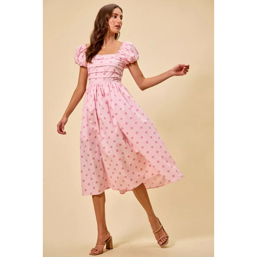 SO ME Polka Cotton Print Short Sleeves Midi Dress PINK / S Apparel and Accessories