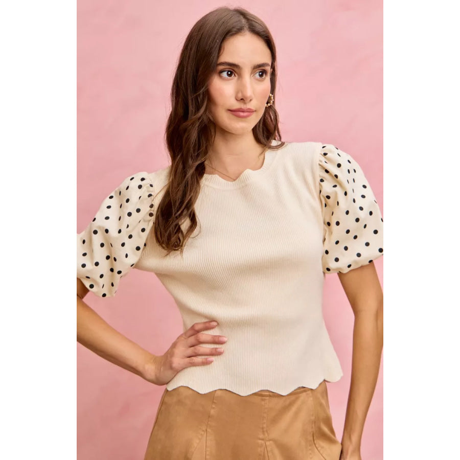 SO ME Polka Dot Contrast Woven Ballon Sleeve Blouse Apparel and Accessories