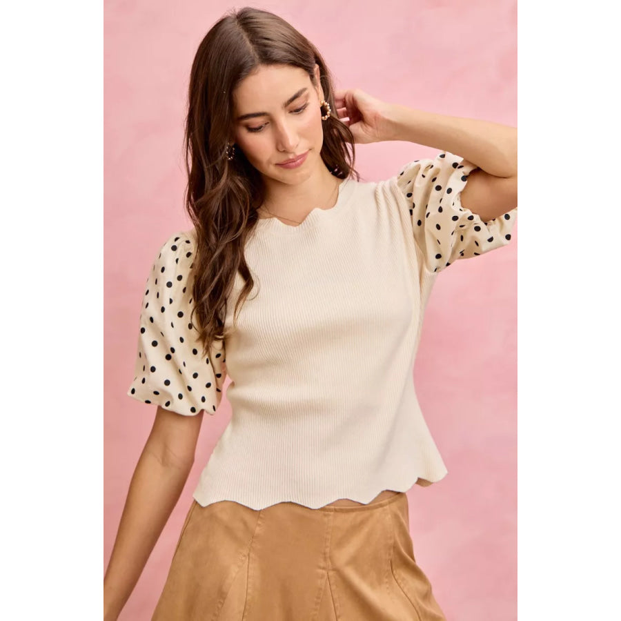 SO ME Polka Dot Contrast Woven Ballon Sleeve Blouse Apparel and Accessories