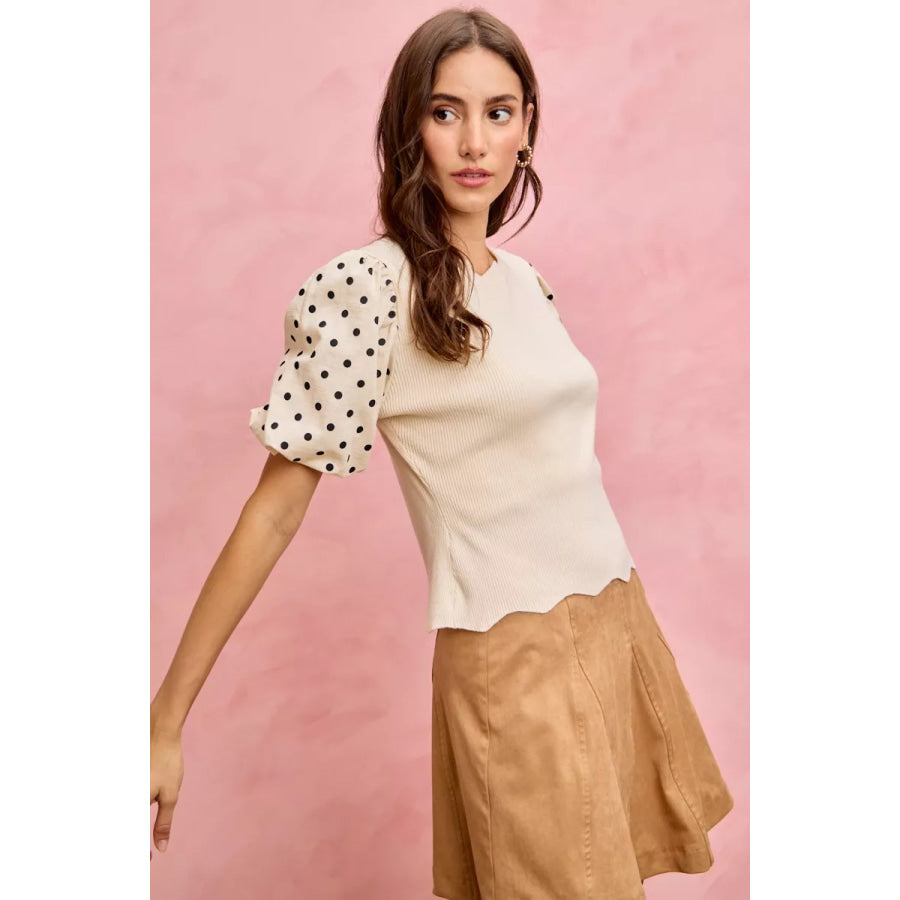 SO ME Polka Dot Contrast Woven Ballon Sleeve Blouse Apparel and Accessories