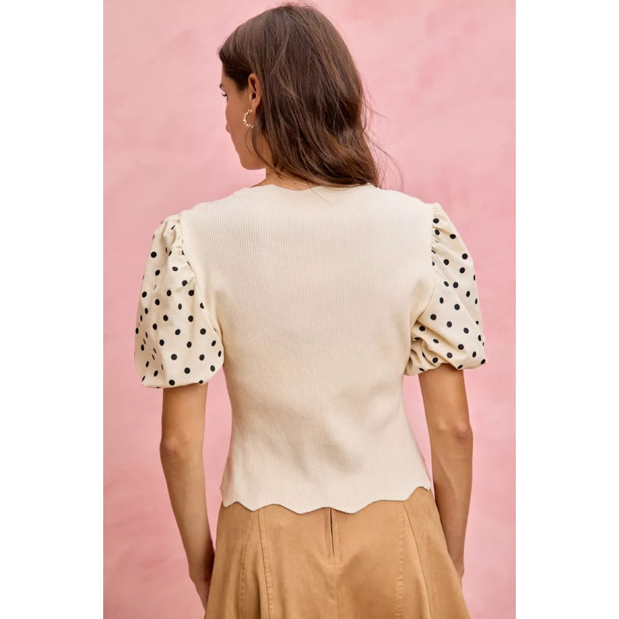 SO ME Polka Dot Contrast Woven Ballon Sleeve Blouse Apparel and Accessories
