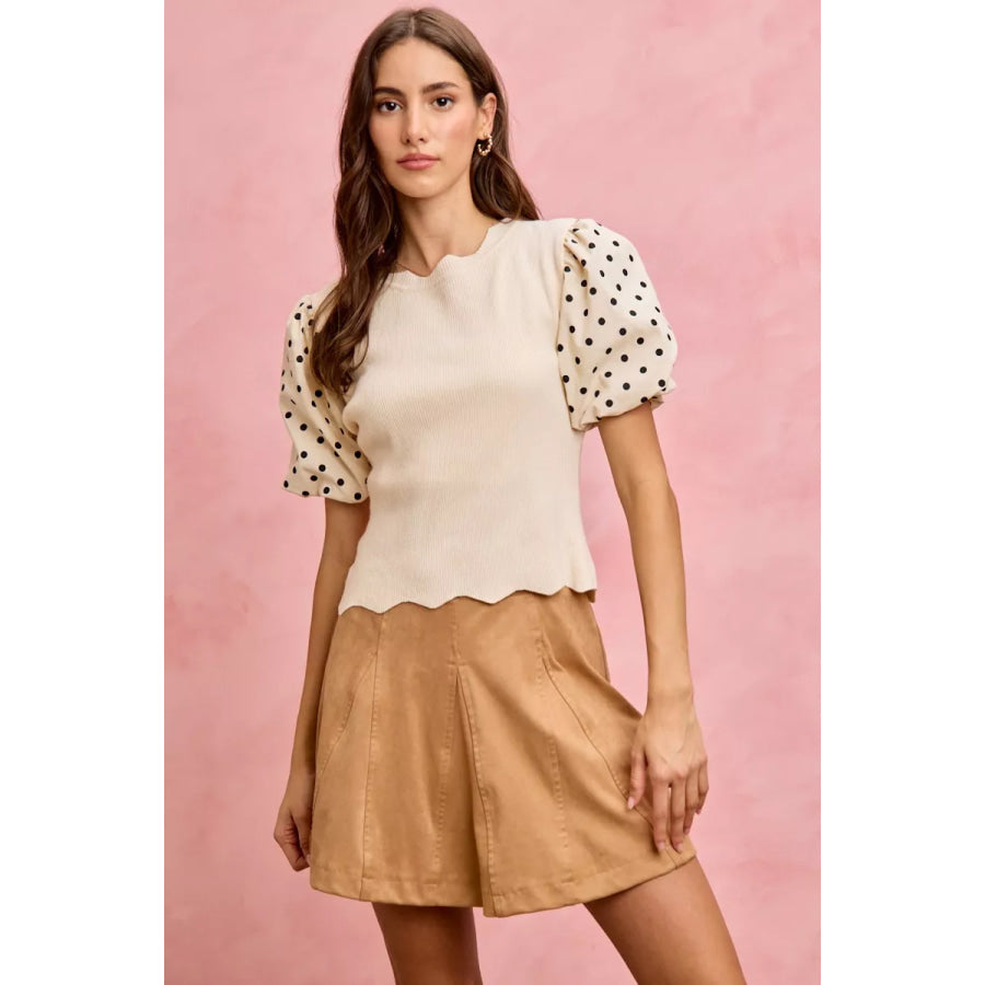 SO ME Polka Dot Contrast Woven Ballon Sleeve Blouse Apparel and Accessories