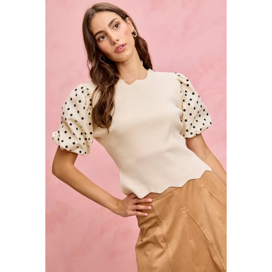 SO ME Polka Dot Contrast Woven Ballon Sleeve Blouse Apparel and Accessories