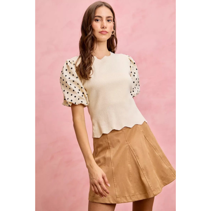 SO ME Polka Dot Contrast Woven Ballon Sleeve Blouse Apparel and Accessories