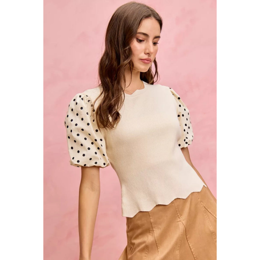 SO ME Polka Dot Contrast Woven Ballon Sleeve Blouse Apparel and Accessories