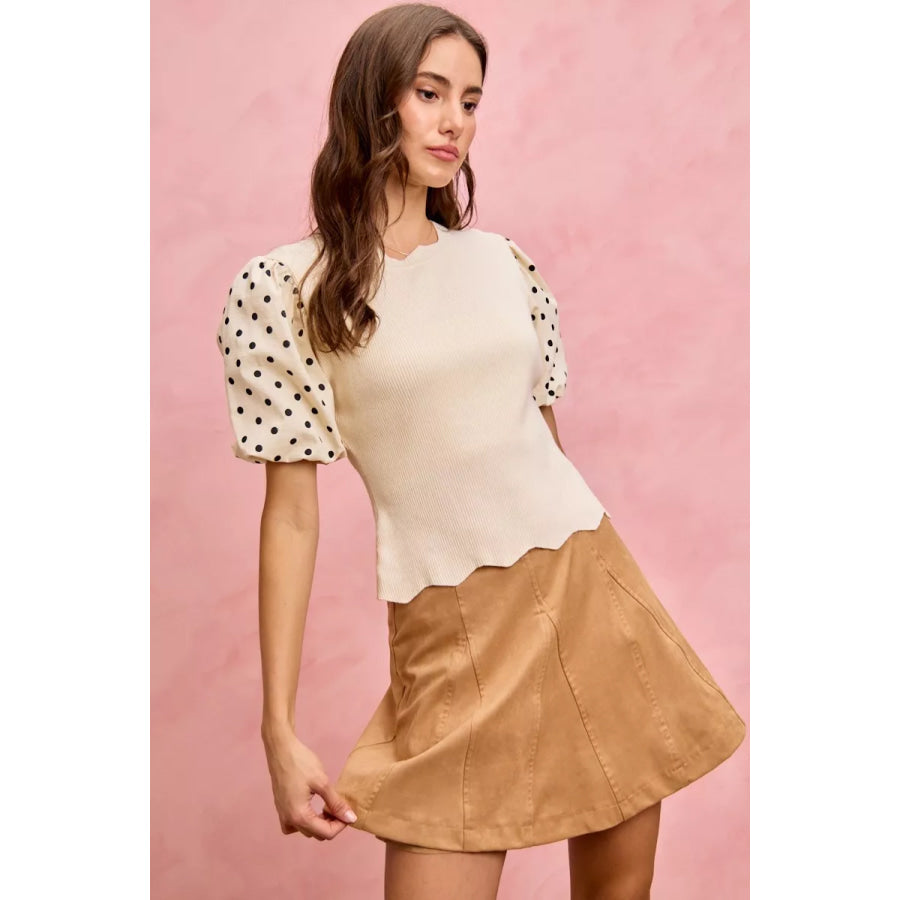 SO ME Polka Dot Contrast Woven Ballon Sleeve Blouse Apparel and Accessories