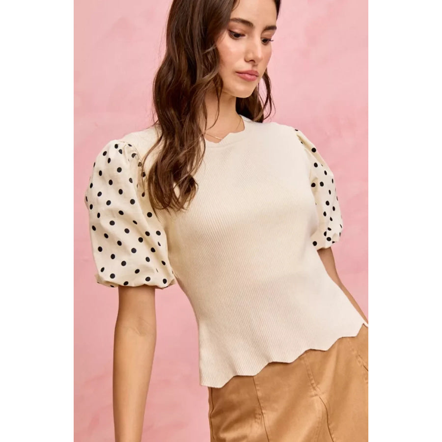 SO ME Polka Dot Contrast Woven Ballon Sleeve Blouse Apparel and Accessories