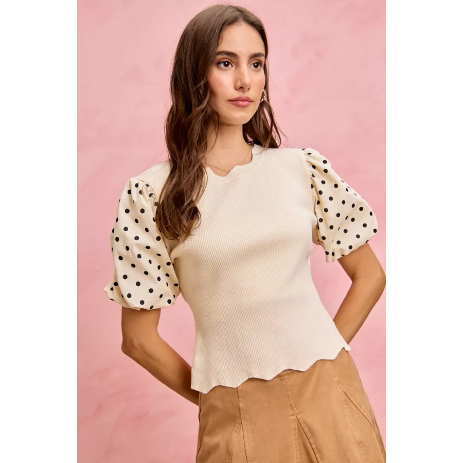 SO ME Polka Dot Contrast Woven Ballon Sleeve Blouse CREAM/BLACK / S Apparel and Accessories