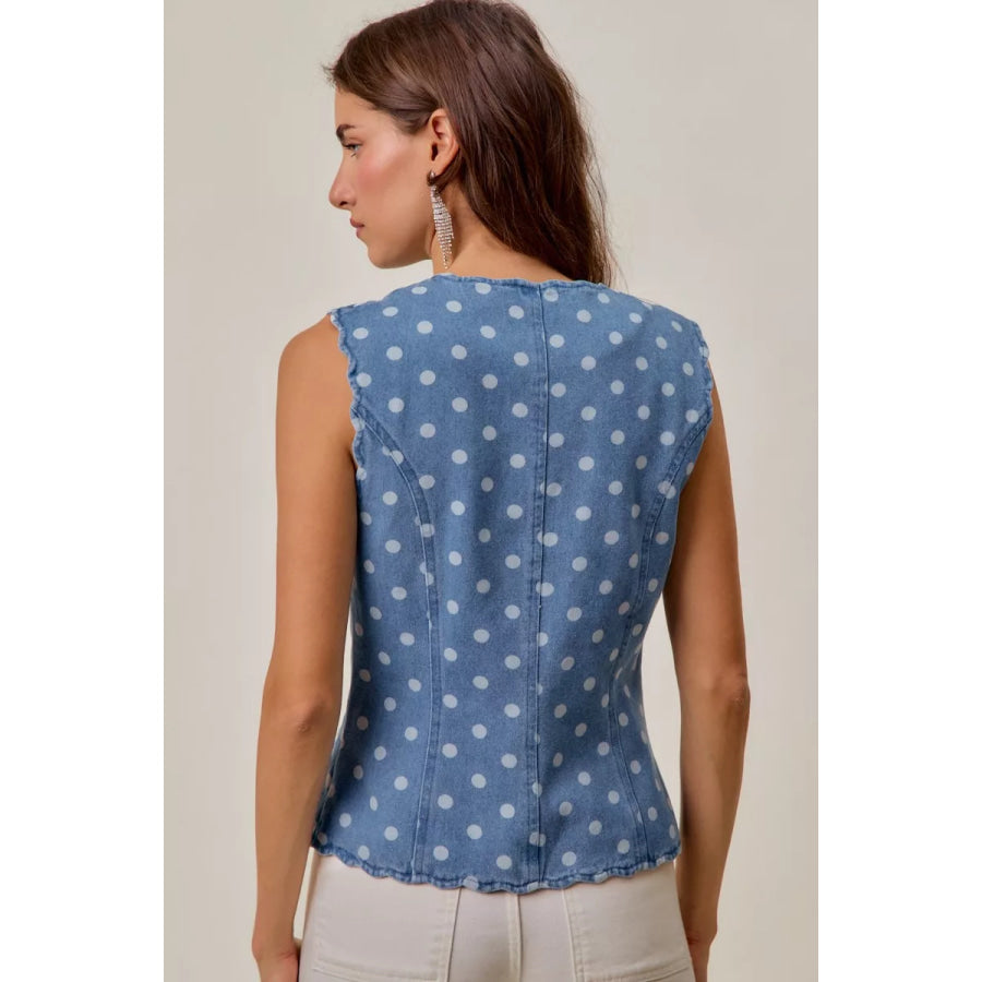 SO ME Polka Dot Denim Scallop Edge Button Down Vest Top Apparel and Accessories