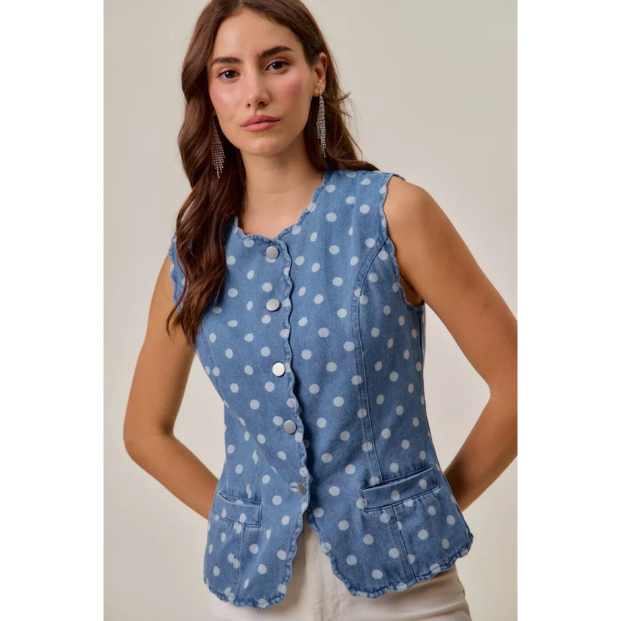 SO ME Polka Dot Denim Scallop Edge Button Down Vest Top Apparel and Accessories