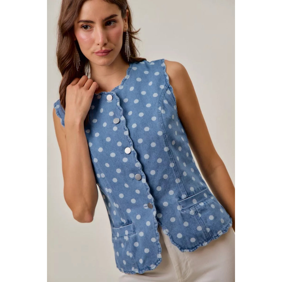 SO ME Polka Dot Denim Scallop Edge Button Down Vest Top DENIM / S Apparel and Accessories