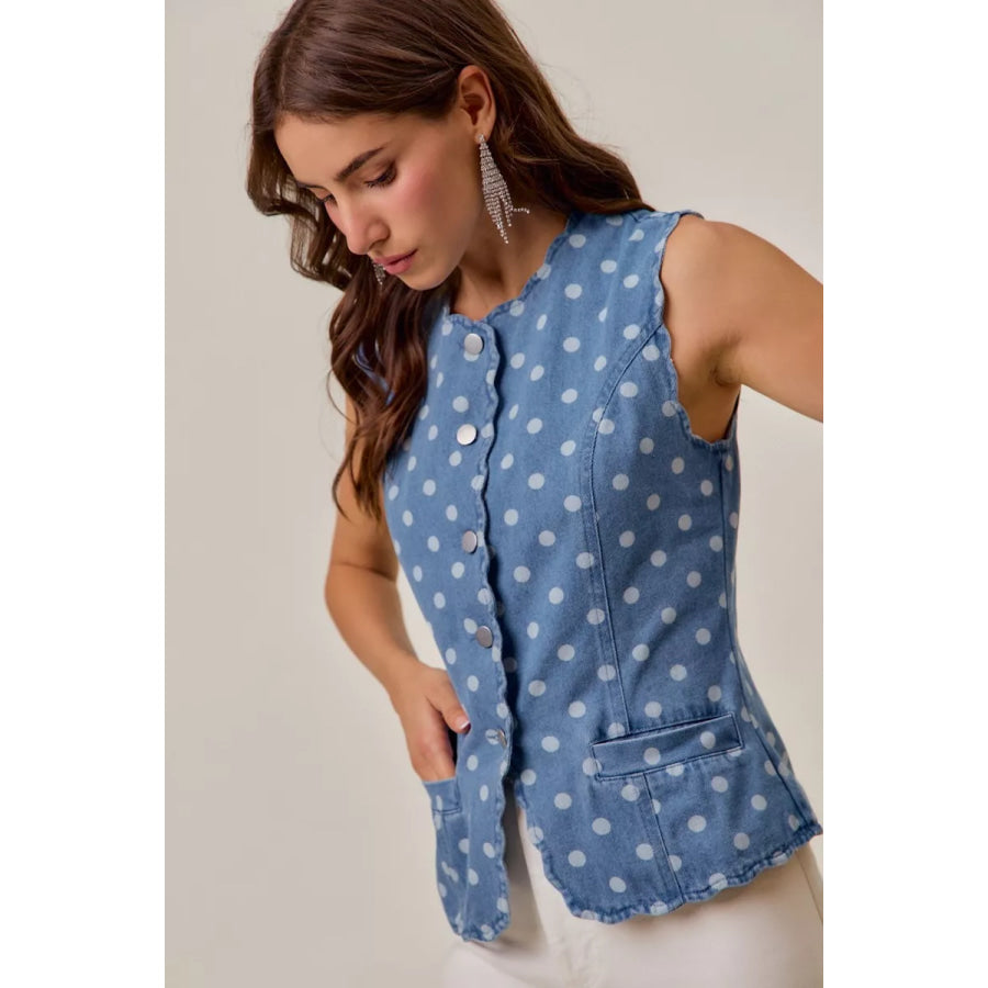 SO ME Polka Dot Denim Scallop Edge Button Down Vest Top Apparel and Accessories