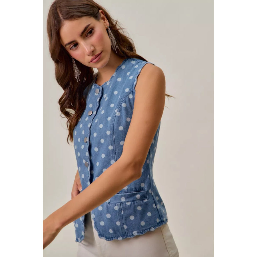 SO ME Polka Dot Denim Scallop Edge Button Down Vest Top Apparel and Accessories
