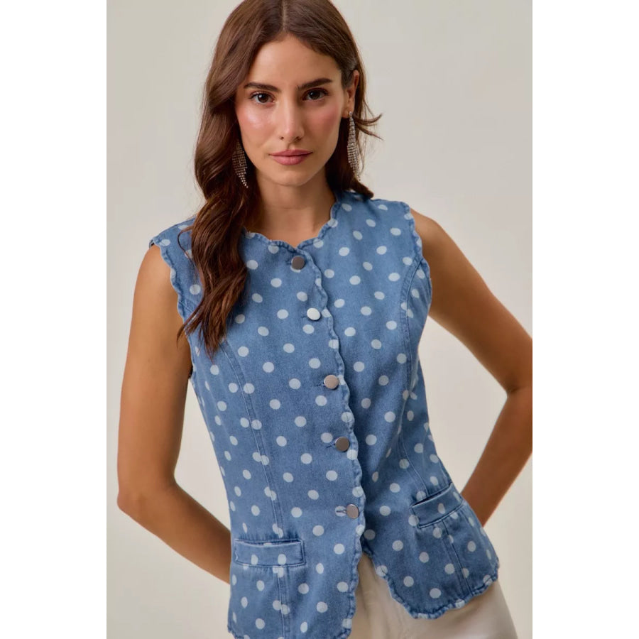 SO ME Polka Dot Denim Scallop Edge Button Down Vest Top Apparel and Accessories