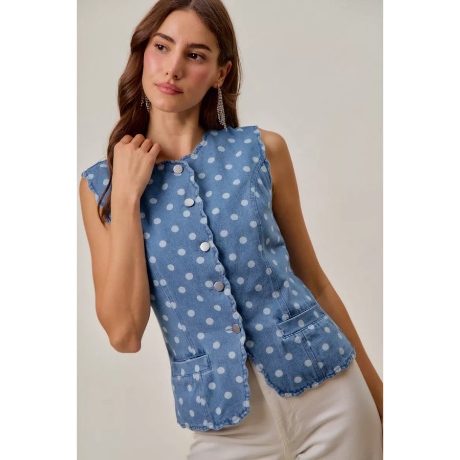 SO ME Polka Dot Denim Scallop Edge Button Down Vest Top DENIM / S Apparel and Accessories