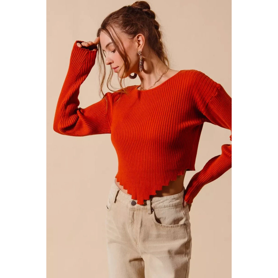 SO ME Rib Knitted Crop Sweater Top With Shaped Hem RUST / S Apparel and Accessories