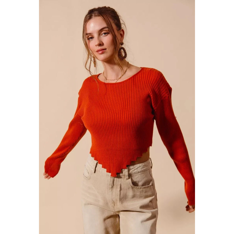 SO ME Rib Knitted Crop Sweater Top With Shaped Hem Apparel and Accessories