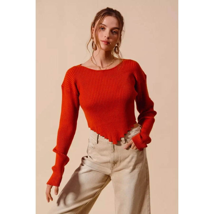 SO ME Rib Knitted Crop Sweater Top With Shaped Hem RUST / S Apparel and Accessories