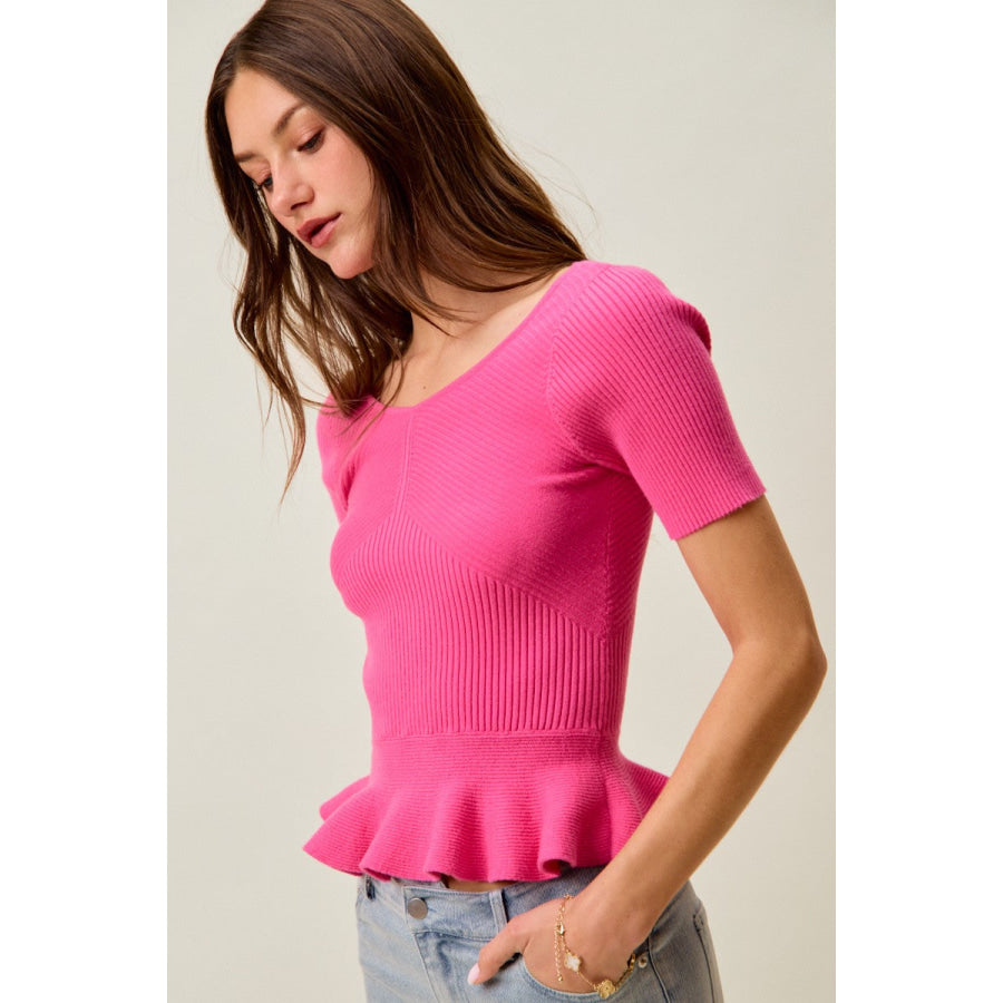 SO ME Ribbed Knit Short Sleeves Peplum Sweater Top Apparel and Accessories