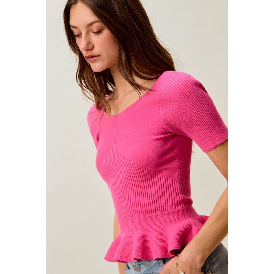 SO ME Ribbed Knit Short Sleeves Peplum Sweater Top Apparel and Accessories