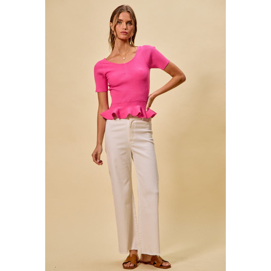 SO ME Ribbed Knit Short Sleeves Peplum Sweater Top Apparel and Accessories