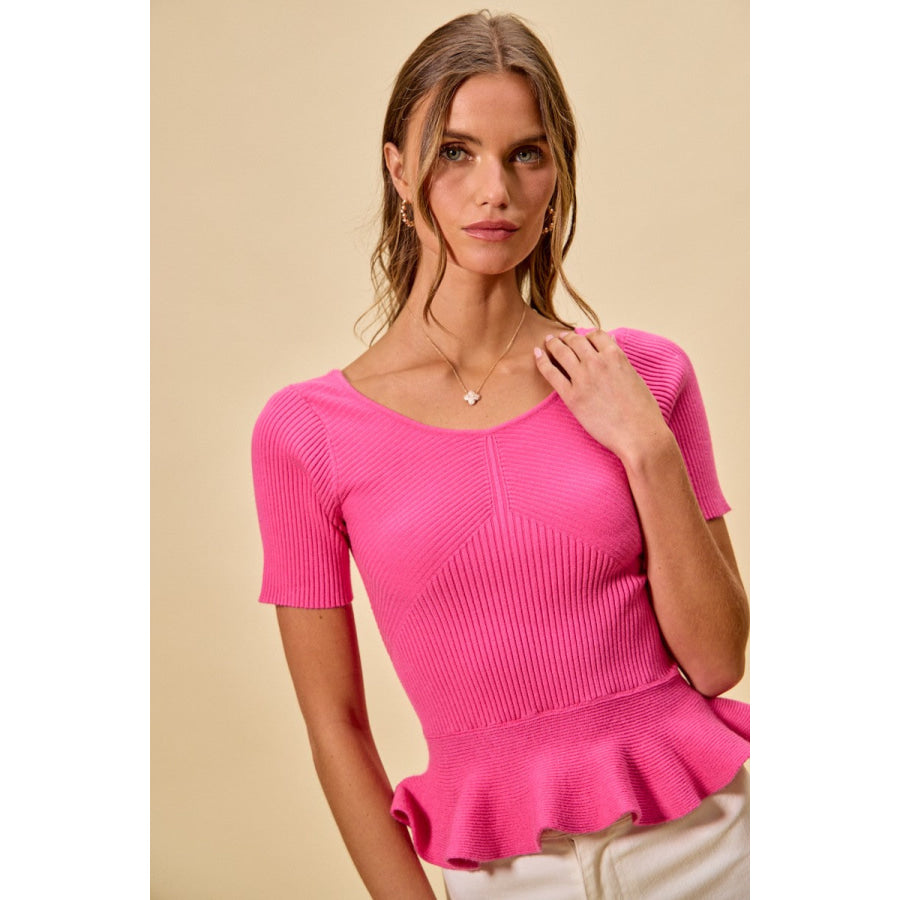 SO ME Ribbed Knit Short Sleeves Peplum Sweater Top Apparel and Accessories