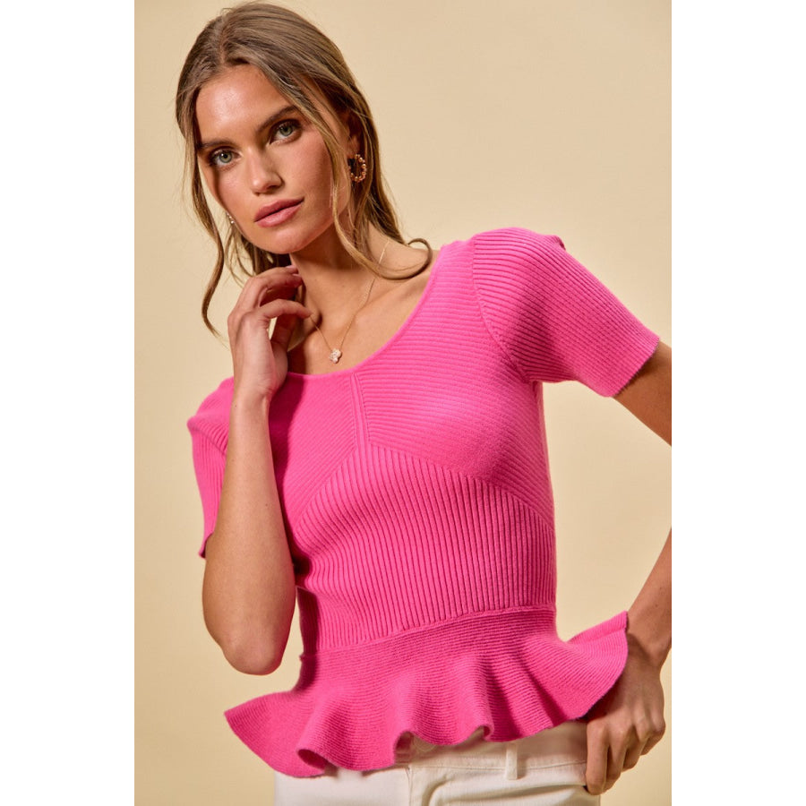 SO ME Ribbed Knit Short Sleeves Peplum Sweater Top Apparel and Accessories