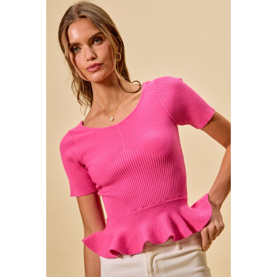 SO ME Ribbed Knit Short Sleeves Peplum Sweater Top Apparel and Accessories