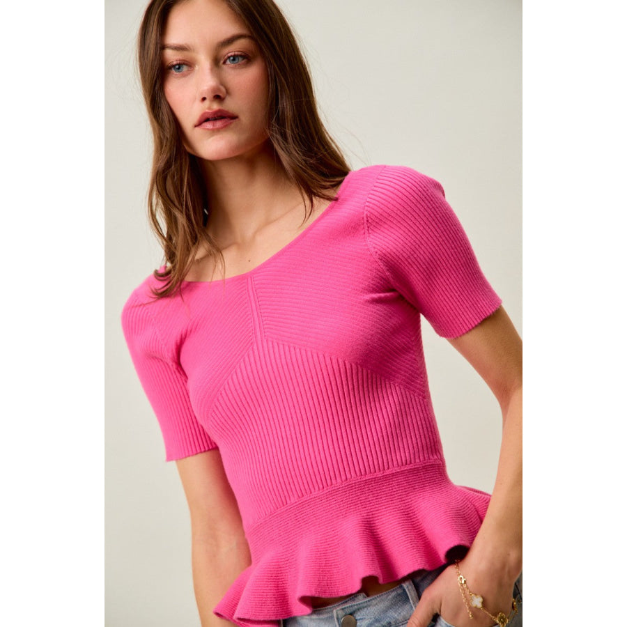 SO ME Ribbed Knit Short Sleeves Peplum Sweater Top Apparel and Accessories