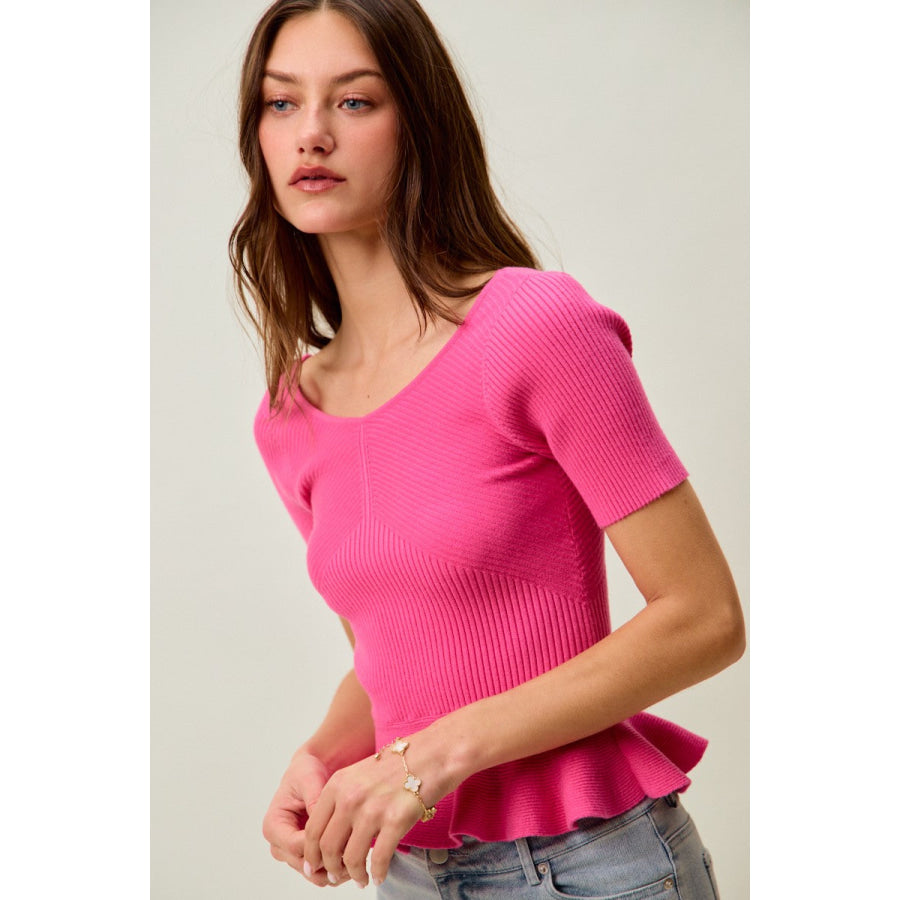 SO ME Ribbed Knit Short Sleeves Peplum Sweater Top Apparel and Accessories