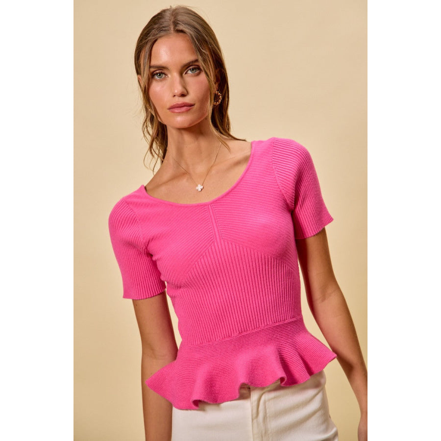 SO ME Ribbed Knit Short Sleeves Peplum Sweater Top Apparel and Accessories