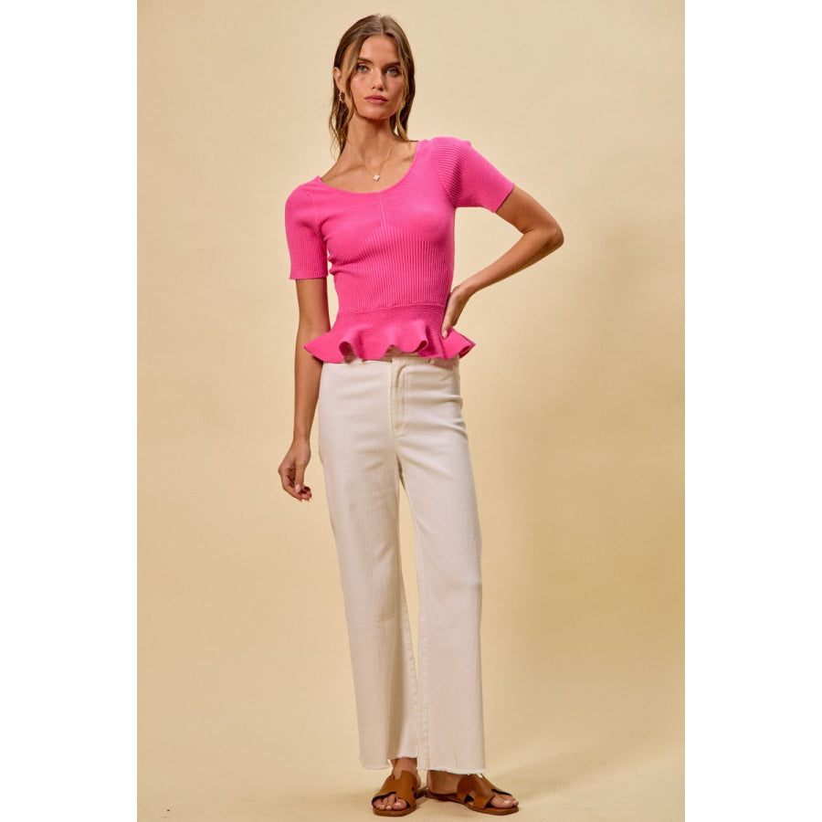 SO ME Ribbed Knit Short Sleeves Peplum Sweater Top Apparel and Accessories