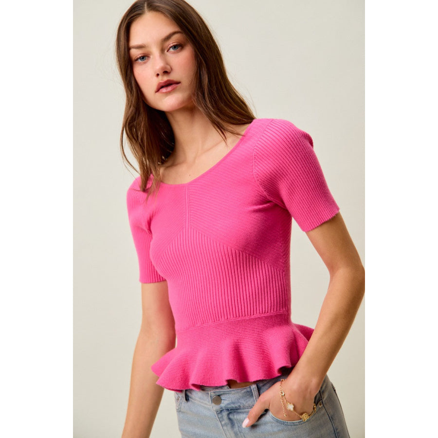 SO ME Ribbed Knit Short Sleeves Peplum Sweater Top Apparel and Accessories