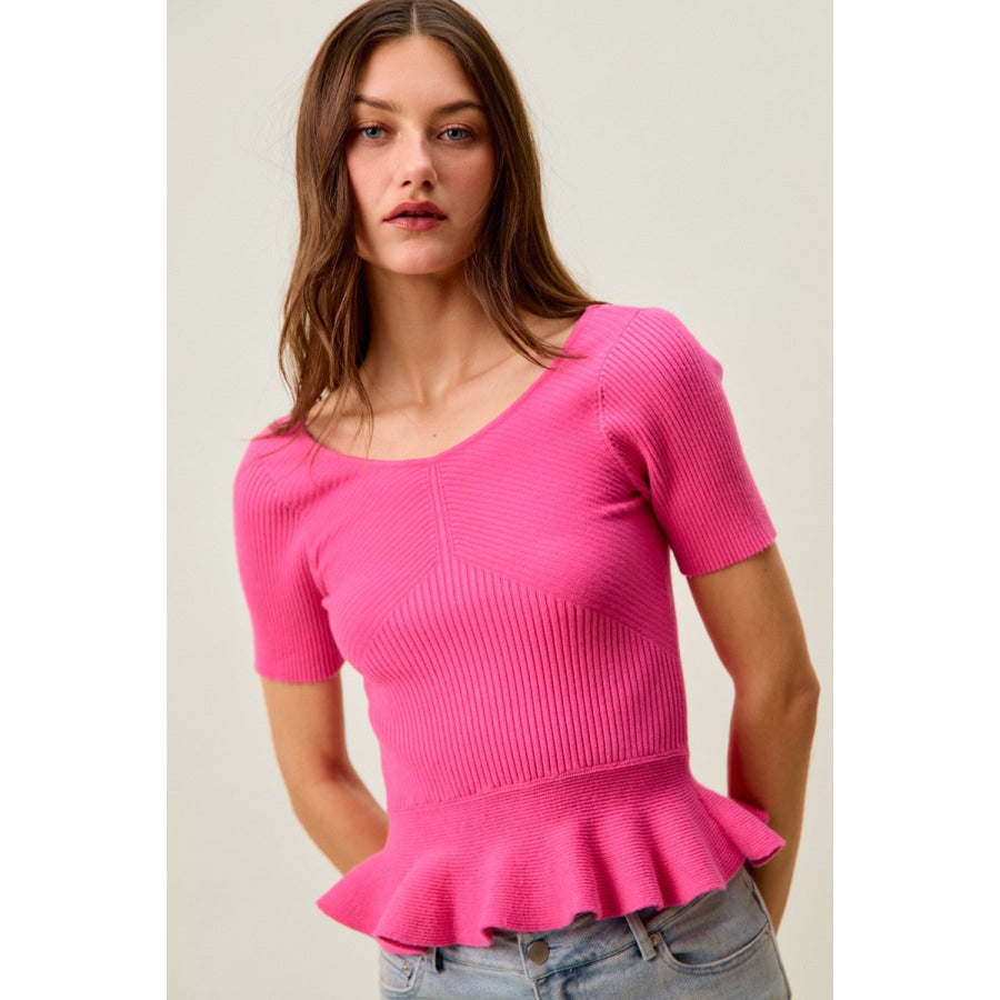 SO ME Ribbed Knit Short Sleeves Peplum Sweater Top Apparel and Accessories