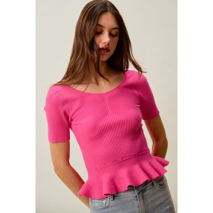 SO ME Ribbed Knit Short Sleeves Peplum Sweater Top Apparel and Accessories