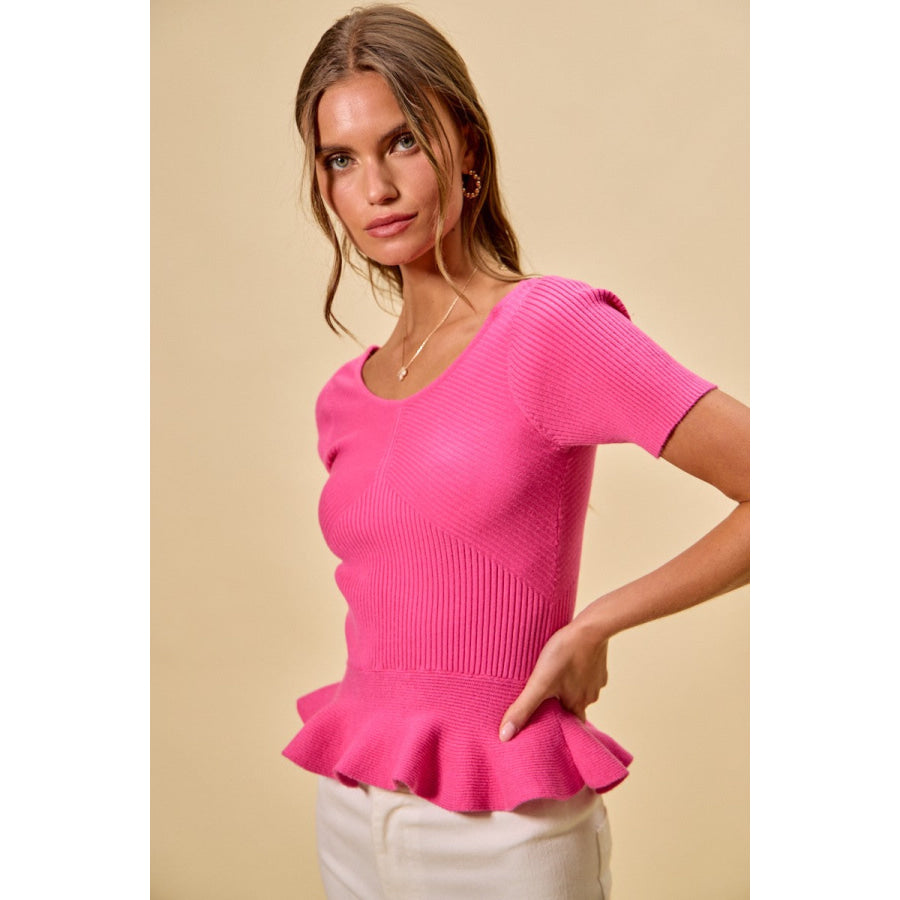 SO ME Ribbed Knit Short Sleeves Peplum Sweater Top Apparel and Accessories