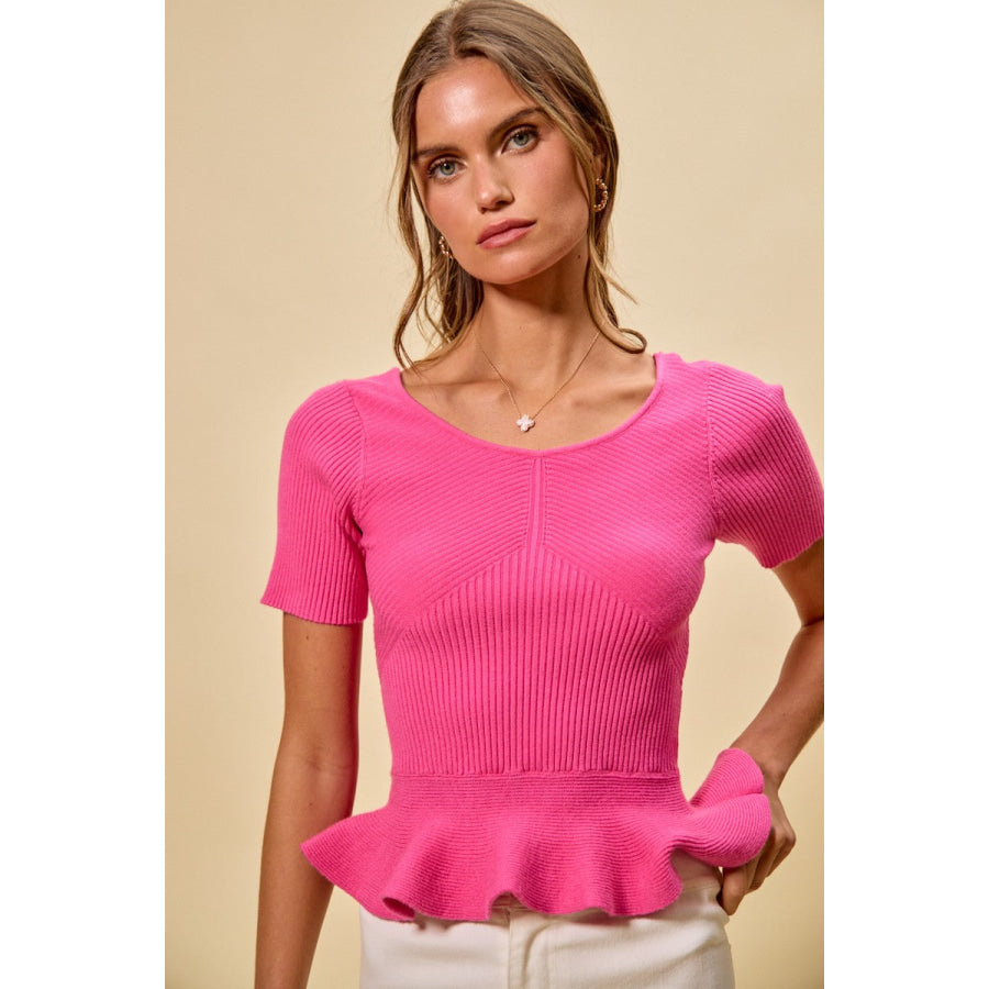 SO ME Ribbed Knit Short Sleeves Peplum Sweater Top Apparel and Accessories