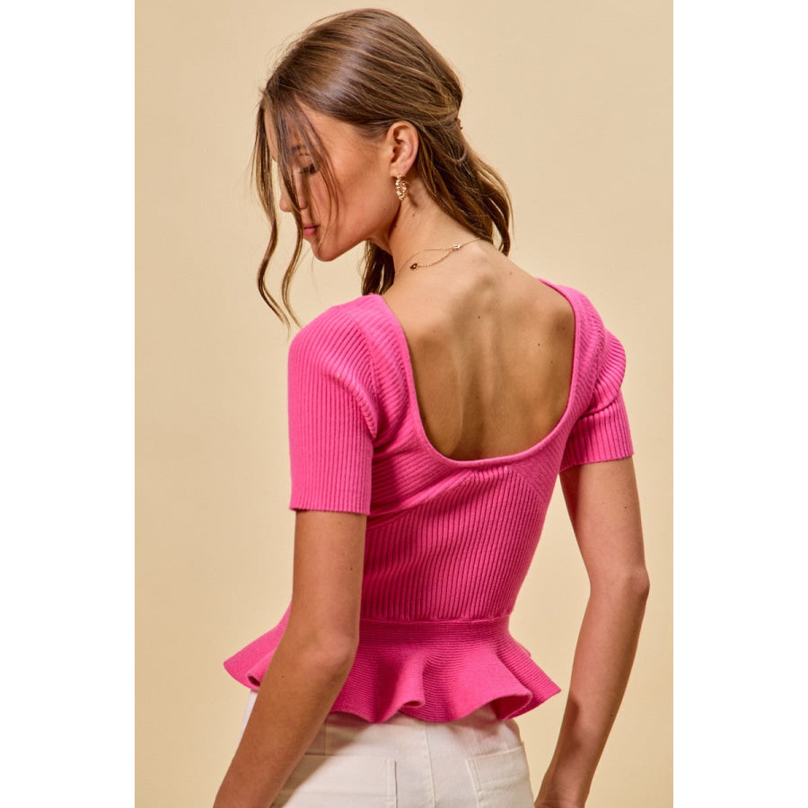 SO ME Ribbed Knit Short Sleeves Peplum Sweater Top Apparel and Accessories