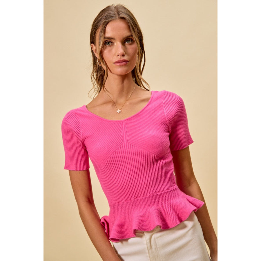 SO ME Ribbed Knit Short Sleeves Peplum Sweater Top HOT PINK / S Apparel and Accessories