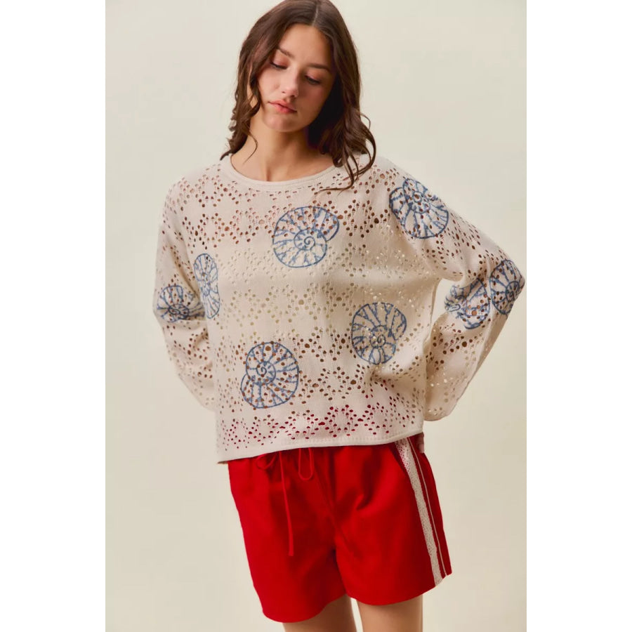 SO ME Seashell Lightweight Sweater Top Cream/Blue / S Apparel and Accessories