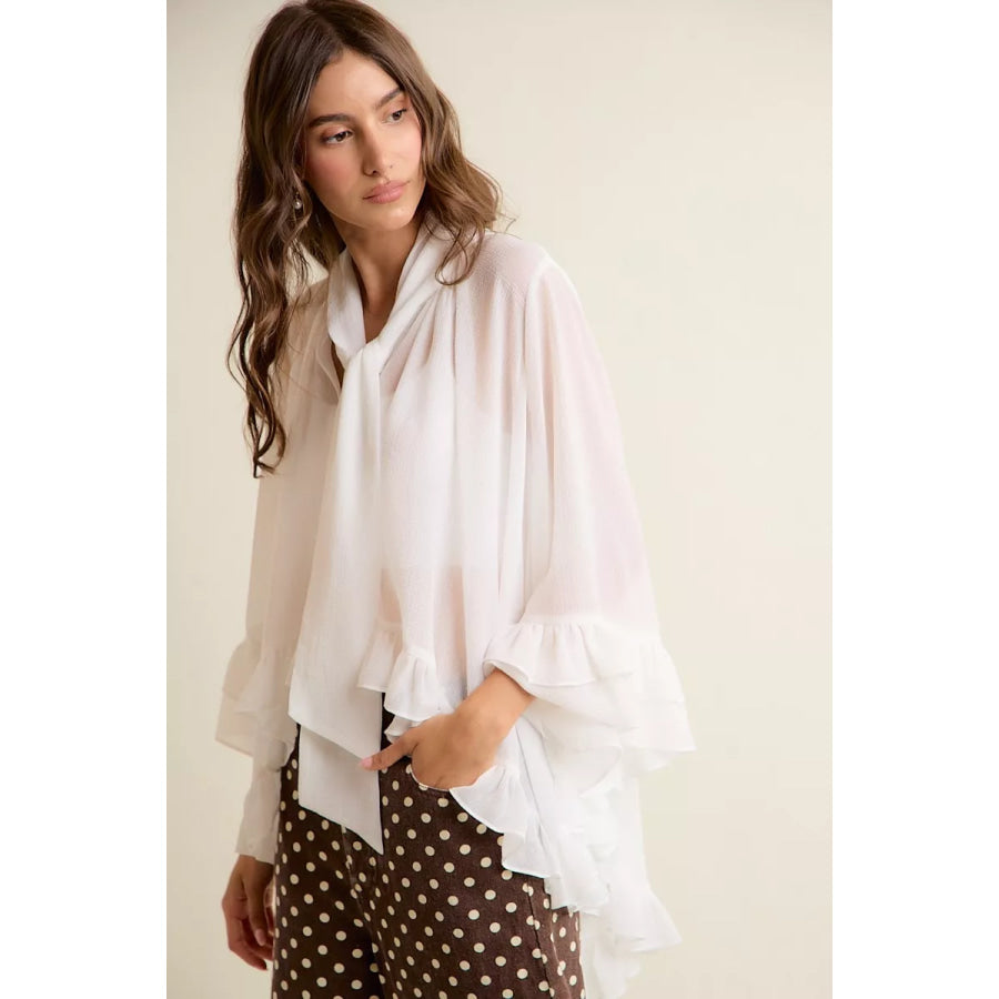 SO ME Sheer Ruffle Bell Sleeves Bow Tie Flowy Blouse Top Apparel and Accessories