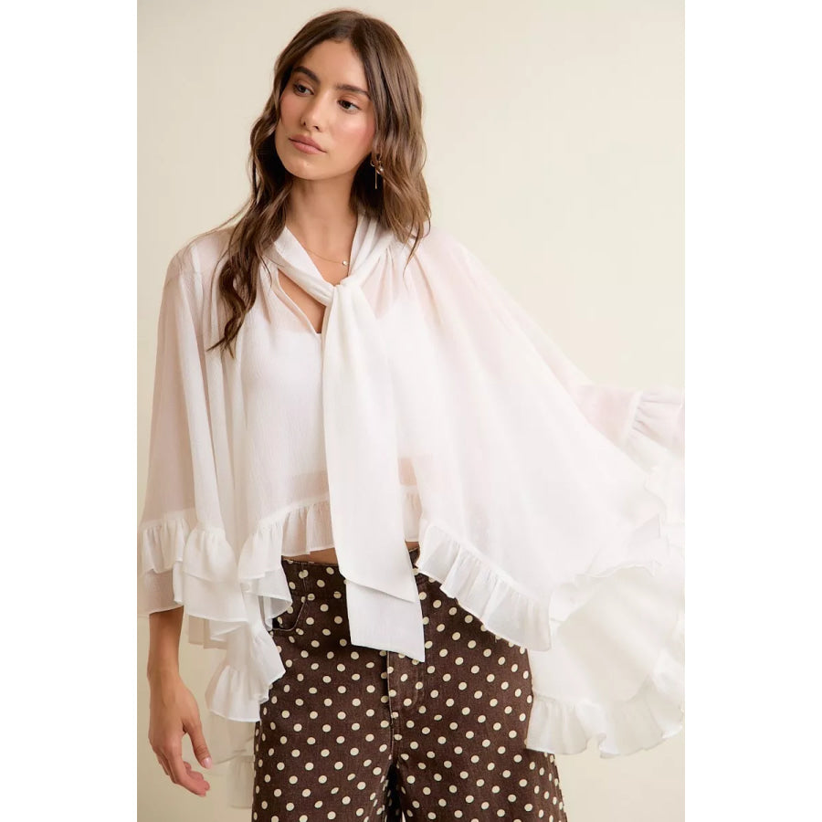 SO ME Sheer Ruffle Bell Sleeves Bow Tie Flowy Blouse Top Apparel and Accessories