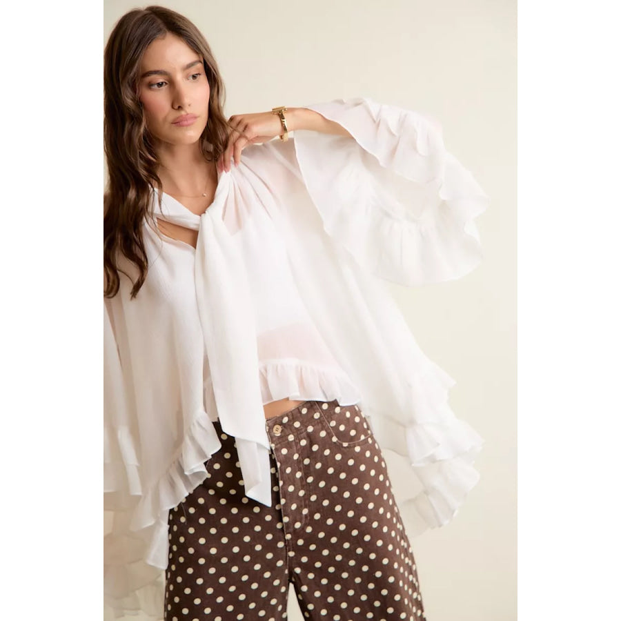 SO ME Sheer Ruffle Bell Sleeves Bow Tie Flowy Blouse Top Apparel and Accessories